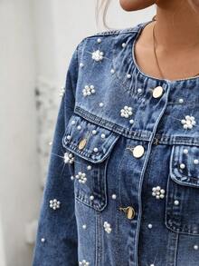 Women's Round Neck Studded Casual Denim Jacket - Blue - View 6