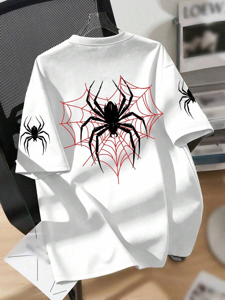 1pc Boys Short Sleeve Crew Neck Pullover, Spider And Heart Spider Web Print, Comfortable Fashion Casual, Spring/Summer Style - White - View 1