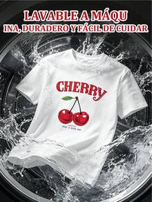 Camiseta Blanca para Mujer, Casual, Manga Corta, Cuello Redondo, Estampado de Cerezas, Ropa Casual de Primavera y Verano, Blusa Moderna a la Moda - Blanco - Ver 3