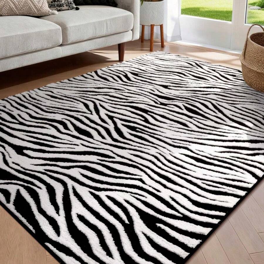 Zebra Stripe Area Rug, Abstract Modern Black And White Washable Rug, Non-Slip Non-Shedding Soft Plush Carpet, Suitable For Living Room, Dining Room, Office, Game Room Home Decor