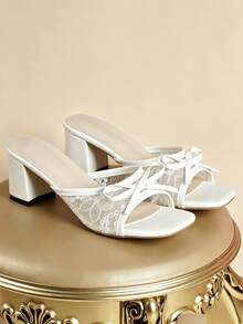 Women's Fairy-Style White Lace Mesh Square Toe Chunky Heel Slide Sandals With Bow, Open Toe, Suitable For Daily Wear, Commuting And Dates - White - View 10
