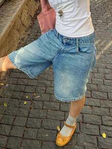 Women's Casual Knee-Length Wide Leg Loose Bermuda Denim Shorts, Suitable For Vacation, Beach, Country Music Festivals, Etc. Summer - 中等水洗藍 - 查看 2