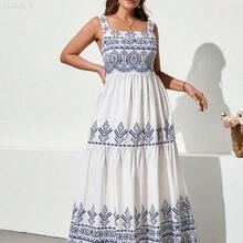 yonghongmaoyi1  Vestido de tirantes finos con volantes en el bajo, estilo romántico y vacacional, en rojo y blanco, para mujer talla grande. Vestido floral, - Azul y blanco - Ver 7