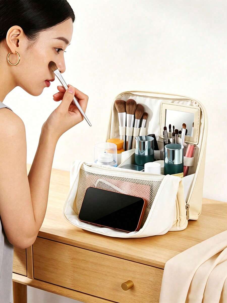 Large Capacity Vertical PU Makeup Bag, Portable Cosmetic Storage Organizer With Wide Opening, Travel Toiletry Pouch