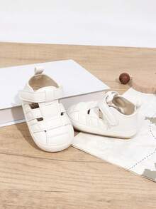 1 Pair Boys Solid Color Hollow PU Hook & Loop Design Flat Non-Slip Breathable 0-15 Months Infant Pre-Walker Shoes Minimalist Fashion Sports Sandals Suitable For Spring And Summer - White - View 4