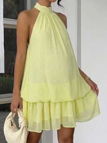 Maternity Sleeveless Ruffled Layered Mini Dress In Light Yellow, Lightweight And Flowing, Suitable For Summer Maternity Shower, Party, And Daily Wear - Yellow - View 5