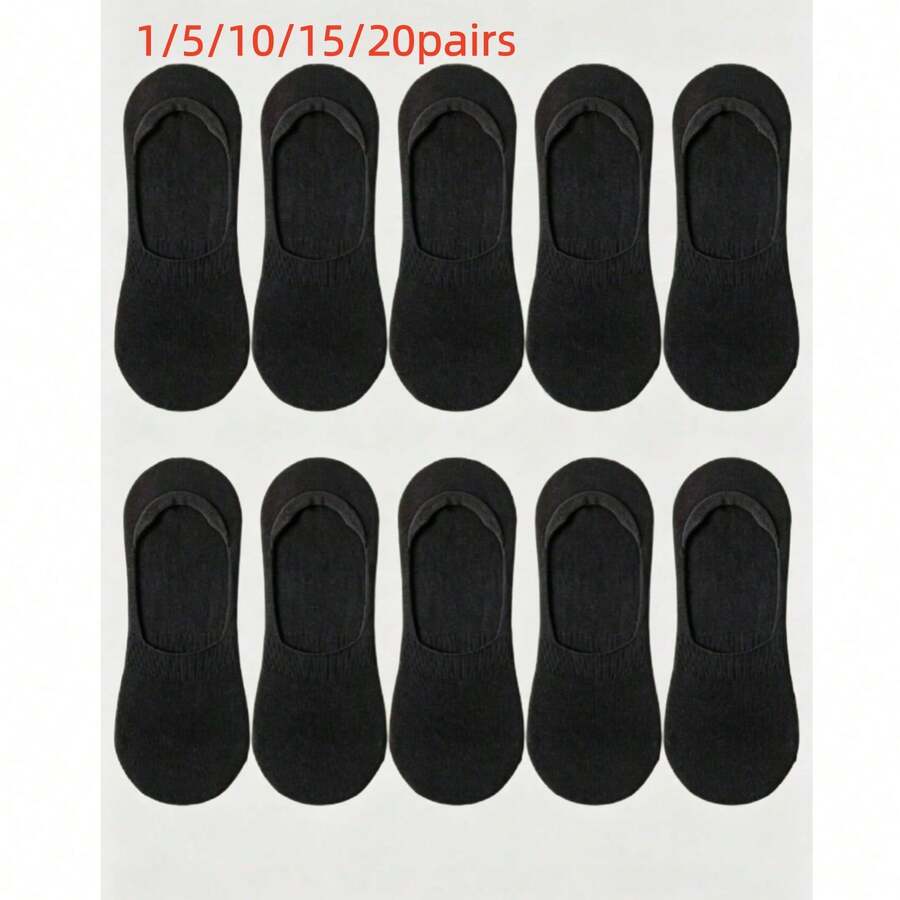 1/5/10/15/20 Pairs Unisex Minimalist Multi-Purpose Black & White Fashion Casual Silicone Anti-Slip Invisible Boat Socks, Comfortable Soft Sweat-Absorbing Breathable, Suitable For Daily Casual Sports All Seasons - Black - View 1
