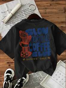 Printed Cotton T-Shirt With A Hand-Drawn Coffee Cup Design And Slogan On Both Sides. - 黑色 - 查看 3