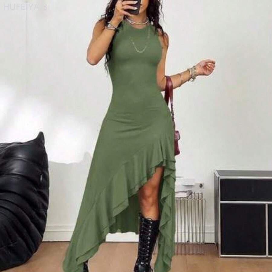 Yunuo Menswear Vestido sin mangas con volantes y bajo asimétrico de unicolor para mujer - verde militar - Ver 1