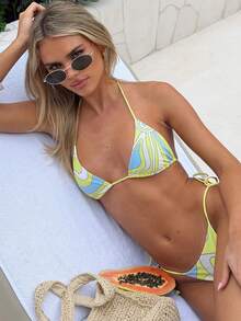 Women's Fashion Printed Colorblock Halter Tie Sexy Bikini Two-Piece Swimsuit Set - Multicolor - View 8