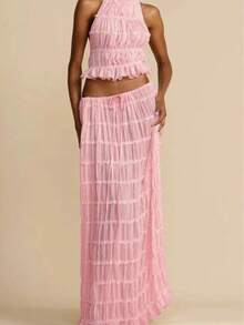 2026 Summer Halter Neck 2-Piece Outfit, Ruffled Crop Top & Maxi Skirt Set, Boho Style Tiered Chiffon Co-Ord For Vacation & Party Wear - 杏色 - 查看 5