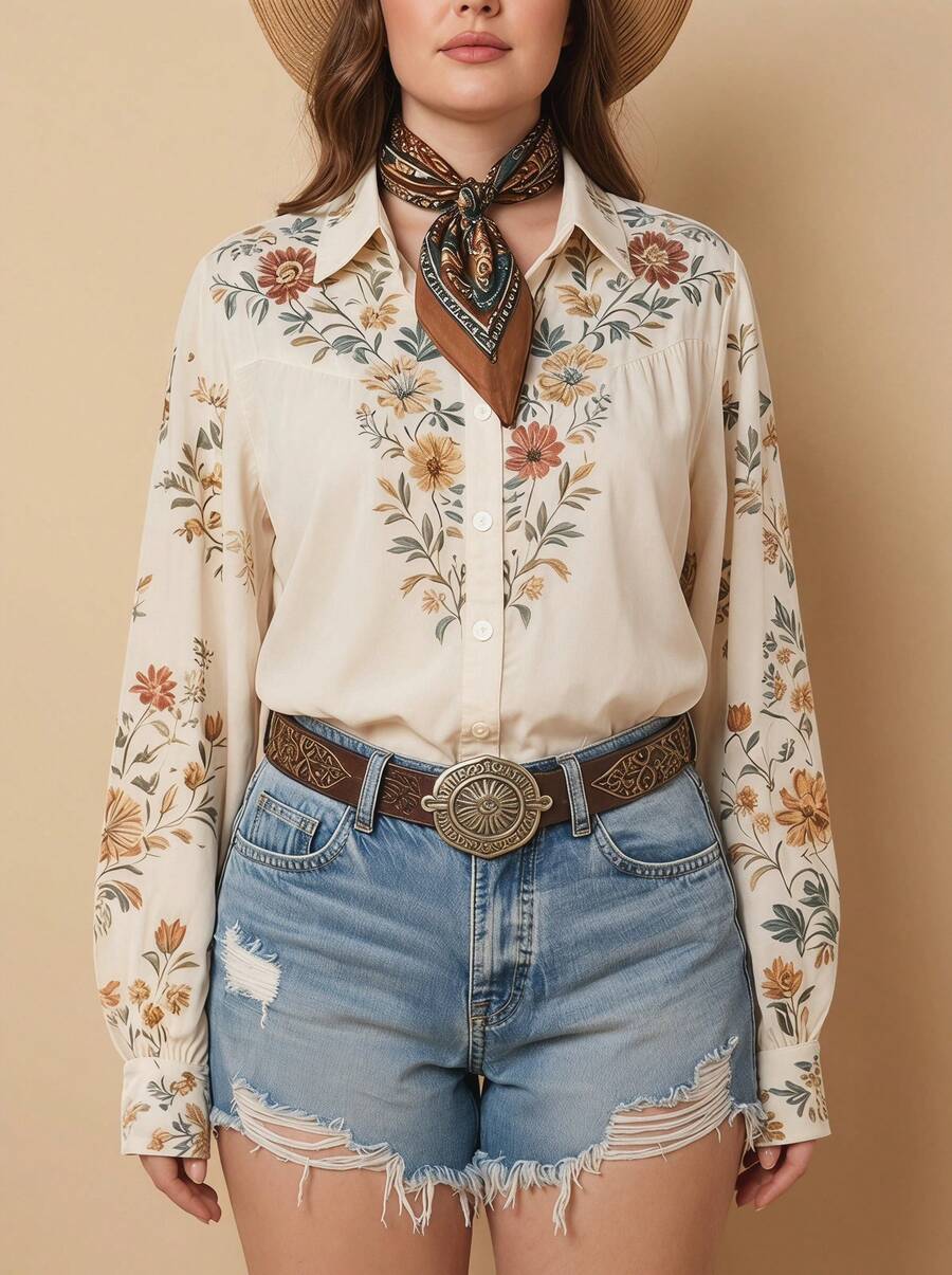 Whisplicity 大码女式复古波西米亚风印花长袖衬衫，春夏休闲波西米亚风女式上衣