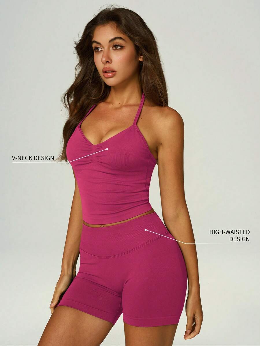 UONNOU Women's Halter Neck Ruched Cropped Top & High Waist Peach Butt Lifting Seamless Shorts, Slim Fit 2-Piece Workout Set