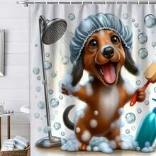 Charming Scenery, Soft & Waterproof Shower Curtain With Cute Cartoon Design - Includes Hooks, Perfect For Bathroom Decor - Baby Blue - View 12