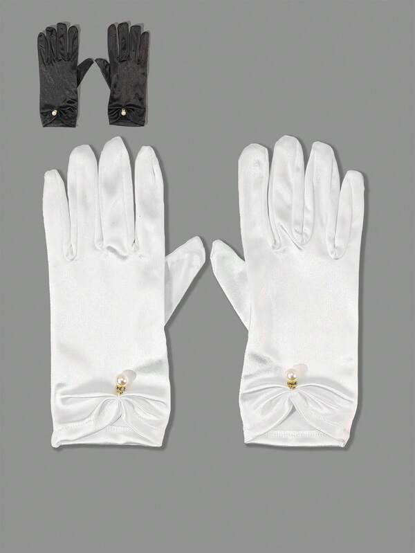 1 par de guantes cortos de satén con perlas para mujer, adecuados para boda, fiesta y fotografía