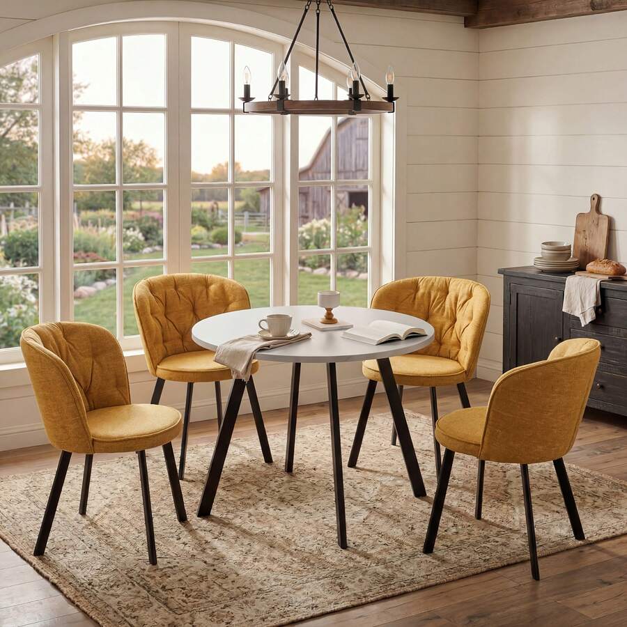 TOKPIEDI Modern White Marble Round Dining Table & 4 Linen Fabric Dining Chairs-4 Seater Set - Ochre Yellow - View 1