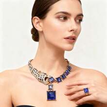 1 set Conjunto de joyas de collar, aretes y anillo con cristal azul con estampado de leopardo, adecuado para que las mujeres lo usen en bodas, bailes, fiestas y banquetes - juego de 4 piezas - Ver 11