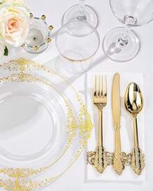 175pcs Elegant Clear And Disposable Dinnerware Set For 25 Guests Includes Plates Cutlery Cups And Napkins For Weddings And Parties - Clear - View 5