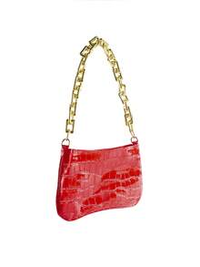 Rollcall Gold Chain Decor Underarm Baguette Crossbody Bag - Red - View 4