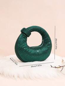 Mini Hobo Bag In A Crescent Shape, Fully Covered In Rhinestones, Integrated Circular Handle With Bow, Zipper, Various Colors, Women's Party, Wedding, Birthday Gift - 綠色 - 查看 8