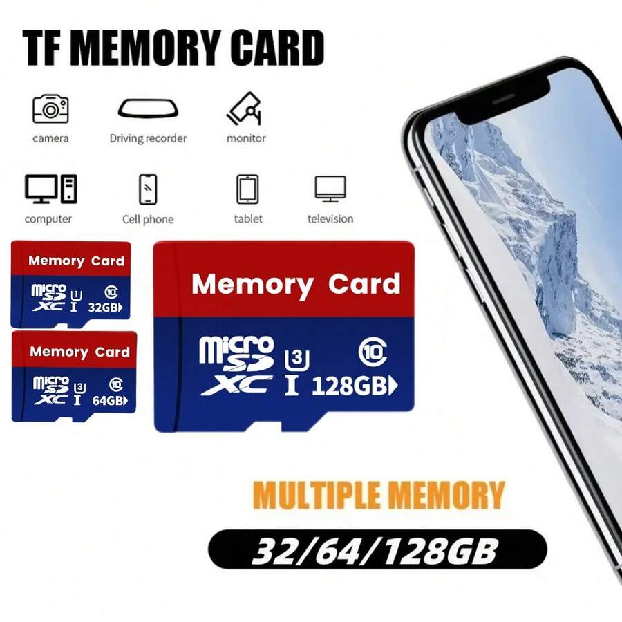 1PC TF Memory Card High Capacity 256GB, 128GB, 64GB, 32GB High-Speed SD Card Compatible With Computers, Digital Cameras, Audio Systems, Dashcams, And Smartphones - Red and Blue - View 1