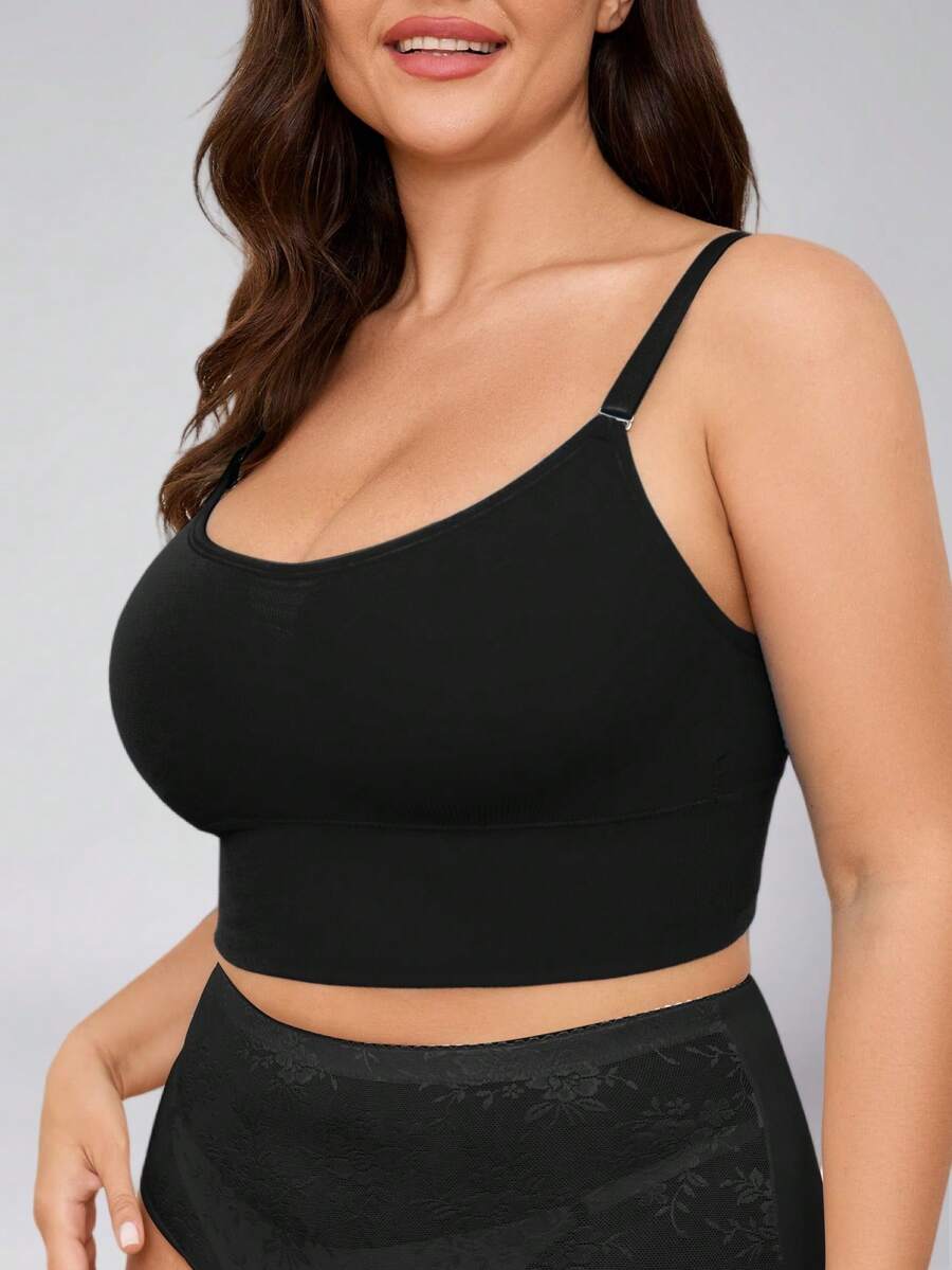 Zimi Collection Plus Size Black Seamless Camisole Sports Bra, Adjustable Spaghetti Strap, Wire-Free, Breathable Fitness Crop Top Fall - Black - View 1