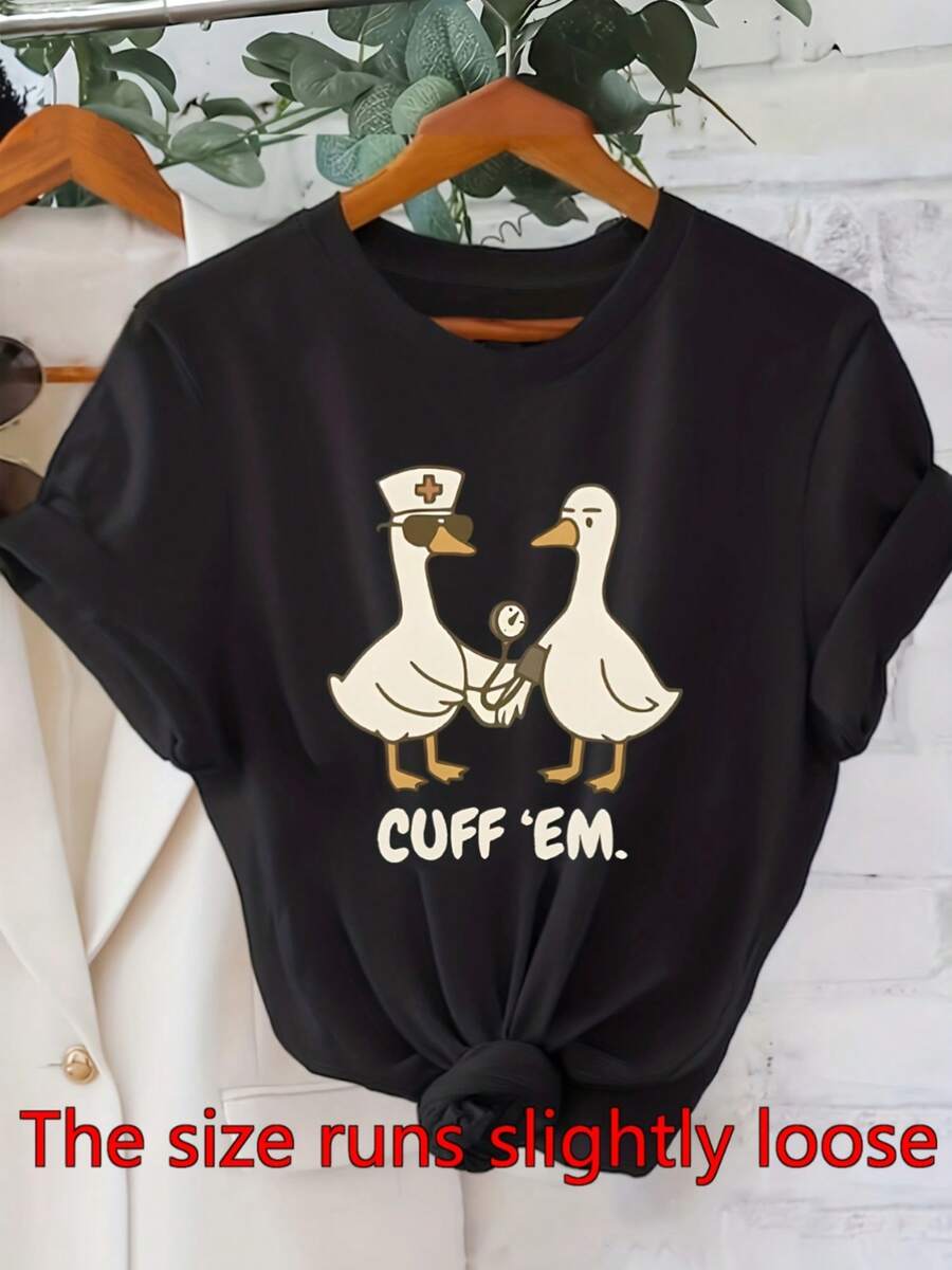 Camiseta Divertida de Mujer con Estampado de Pato y Estetoscopio - Bonita Camiseta con Estampado "Cuff Em", Suave y Elástica, Cuello Redondo, Casual, para Trabajadores de la Salud, Ropa de P - negro - Ver 1