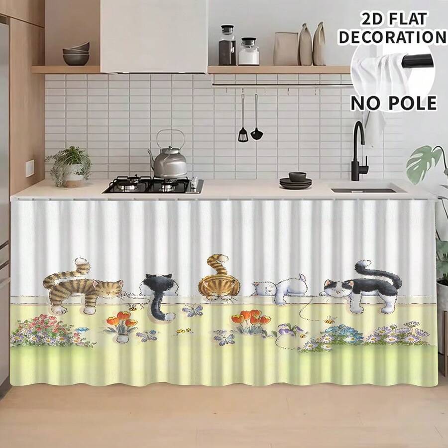1pc, Home Decor, Cat Pattern Printed Table Skirt, Kitchen Small Curtain, Kitchen Cabinet Cover, With Curtain Holes, Easy To Hang, Rectangular, Machine Woven, Machine Washable, Kitchen Decoration And Accessories, Perfect For Kitchen Cabinets And Home Decor - Multicolor - View 1