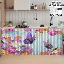 1pc, Home Decor, Butterfly Pattern Printed Table Skirt, Kitchen Small Curtain, Kitchen Cabinet Cover, With Curtain Holes, Easy To Hang, Rectangular, Machine Woven, Machine Washable, Kitchen Decoration And Accessories, Perfect For Kitchen Cabinets And Home Decor - Multicolor - View 5