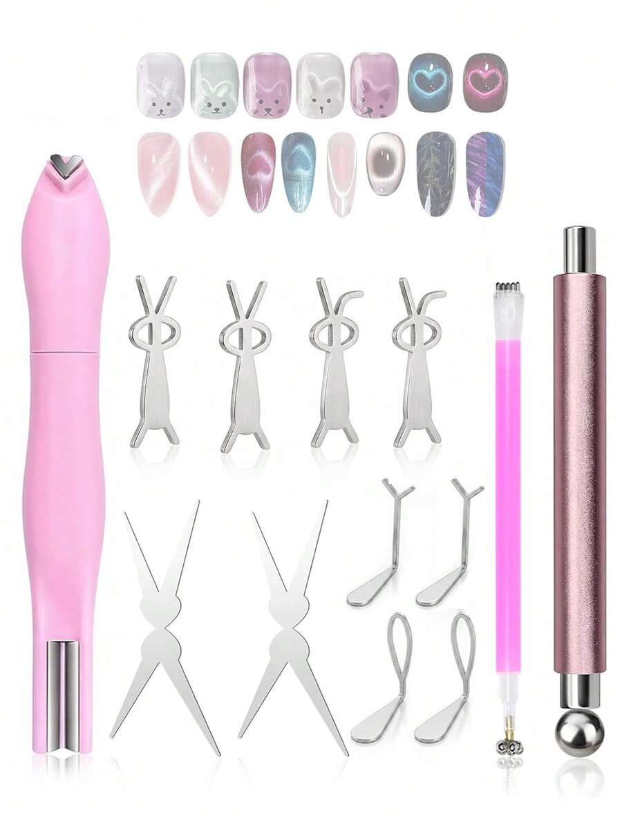 14 Pieces Double-Head Heart Magnet For Cat Eye Gel Polish Nails, Multifunctional Flower Shape Cateye Nail Magnetic Tool - Multicolor - View 1