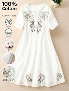 Spring Summer Autumn Elegant Bohemian Romantic Vintage Floral Embroidery Design Heavy Embroidery Casual Women's Mid-Length Dress, Vacation Commute Holiday Casual Fresh Daily Outing Birthday Party Versatile Dress Casual Boho Vintage Long White Midi Dress V Neck Embroidery - White - View 3