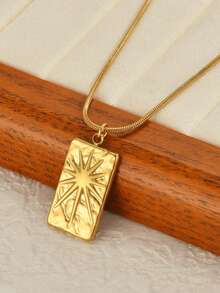 1pc Stainless Steel 18K Gold Plated Square Star & Sun Pendant Necklace, Elegant Minimalist Clavicle Chain For Women, Vacation Style - Yellow Gold - View 1