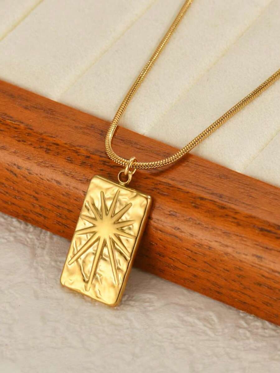 1pc Stainless Steel 18K Gold Plated Square Star & Sun Pendant Necklace, Elegant Minimalist Clavicle Chain For Women, Vacation Style - Yellow Gold - View 1