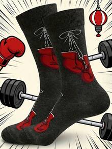1 Pair Cartoon Boxing Glove Pattern Mid-Calf Socks, Knitted Fabric, Fashionable And Fun Design, Autumn - Multicolor - View 2
