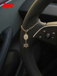 1pc Steering Wheel Decor, 15cm Adjustable Length, Minimalist, Cute, Creative Rosary Bead Car Pendant Accessory, Unique Fashion Car Hanging Decoration - White Oval Plate With Snowflake Pattern - View 1