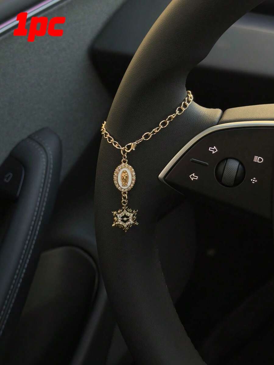 1pc Steering Wheel Decor, 15cm Adjustable Length, Minimalist, Cute, Creative Rosary Bead Car Pendant Accessory, Unique Fashion Car Hanging Decoration - White Oval Plate With Snowflake Pattern - View 1