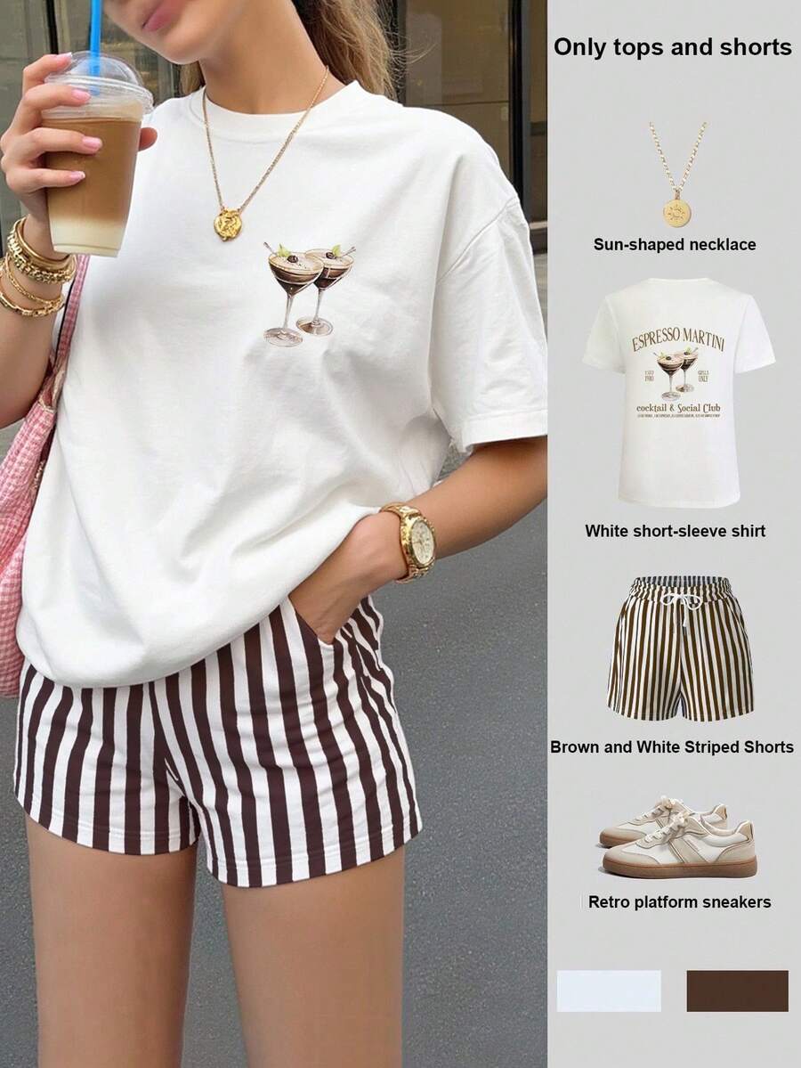 Conjunto de dos piezas de verano para mujer, shorts a rayas blancas y marrones, camiseta holgada para mujer, conjunto básico talla grande vendido, patrón de fiesta de cócteles - Multicolor 7 - Ver 1