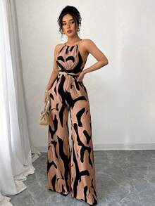 Milk Print Jumpsuit With Halter Neck And Cord 2026 - 棕 - 查看 3