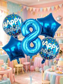 5pcs 32" Blue Number Balloon And 18" Star Round Foil Balloon Set, Suitable For Children And Adults, Birthday, Wedding, Anniversary Celebration Decoration - View 1