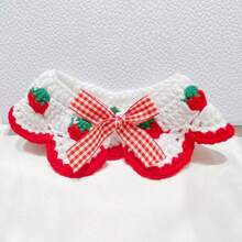 1pc Handmade Crochet Elastic Strawberry Bow Cat Collar, Pet Accessory Decoration - Multicolor - View 9