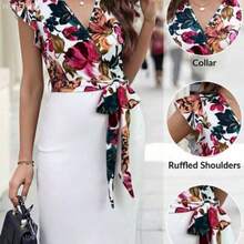 Yunuo Menswear Vestido de verano elegante con cuello en V, mangas cortas, volantes en el bajo y parches de colores contrastantes para mujer - Blanco - Ver 1