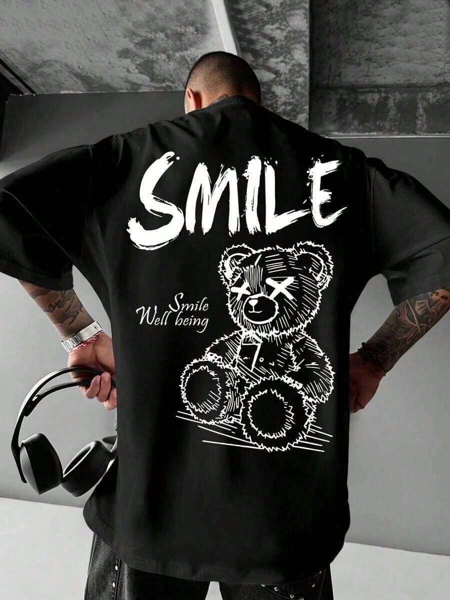 Men's T-Shirt With Smile Print, Simple Shirt 100% Cotton - Hitam - View 1