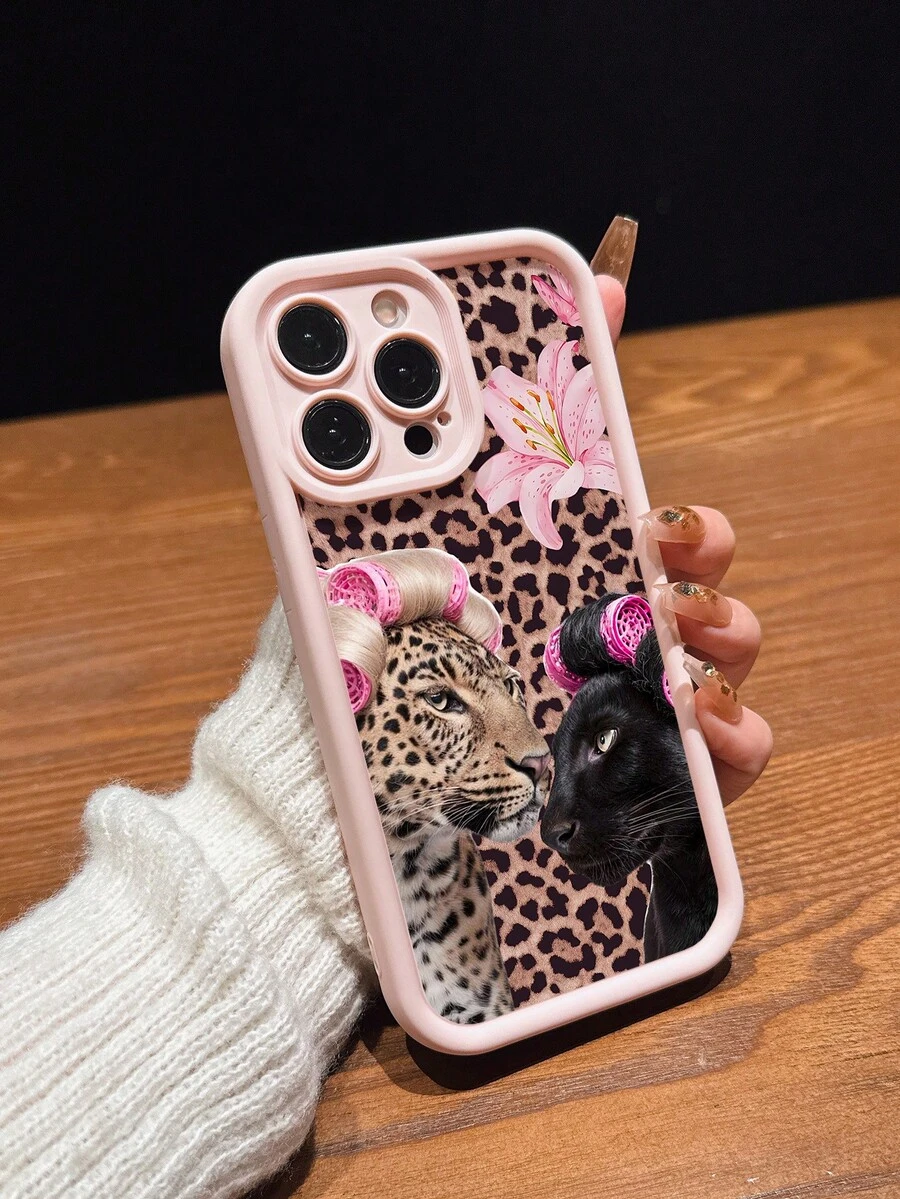性感捲髮豹紋百合花卉霧面防摔手機殼,適用於 iPhone 11 12 13 14 15 16 13 Pro Max 16 Plus XR 7 8p 17 Pro Max 15 Pro Max 13 Pro 及其他機型,時尚女款手機殼 - 粉色 - 查看 1