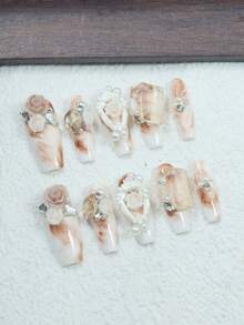 CrystalHola Handmade Square Nails, Y2K, Summer, White & Coffee Color With Rhinestones, Flowers, Pearls, French Tip Nail, Pure Handmade Nails. Suitable For Women And Girls. 10 Pieces. Fits Parties, Weddings, And Wear Daily. Great Gift For Ladies' Nail Supplies. Handmade Press On Nails - Multicolor - View 13
