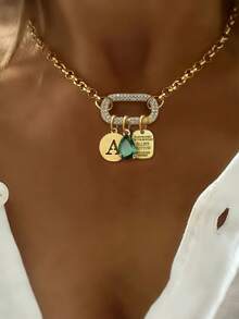1PC Gold Oval A-Z Letter Necklace With Pendant Green Diamond Letter Chain, Unique Luxury Style, Suitable For Women's Daily Work Decoration - Yellow Gold - View 16