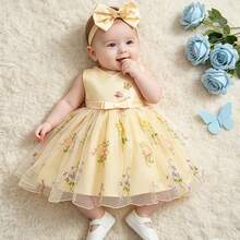 Sleeveless Baby Girl Bow Birthday Dress, Tulle Formal Wedding Party Dress - Yellow - View 3