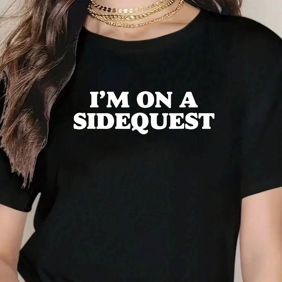 I'm On A Sidequest - Funny EDM Rave Festival Minimalist T-Shirt - Wo's Casual Short Sve Crew Neck T-Shirt For Spring & Summer, Printed Graphic Tee For Sport Lovers, Cotton,S, 30g - 黑色 - 查看 1