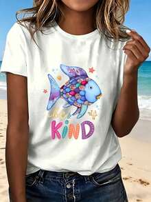 Be Kind Fish Print T Shirt With Cute Cartoon Design Colorful Sea Life Pattern Fashionable Casual Wear For Beach Outings And Daily Activities Perfect Gift For Kids And Teens Who Love Ocean Themes And Fun Animal Motifs - 白色 - 查看 12
