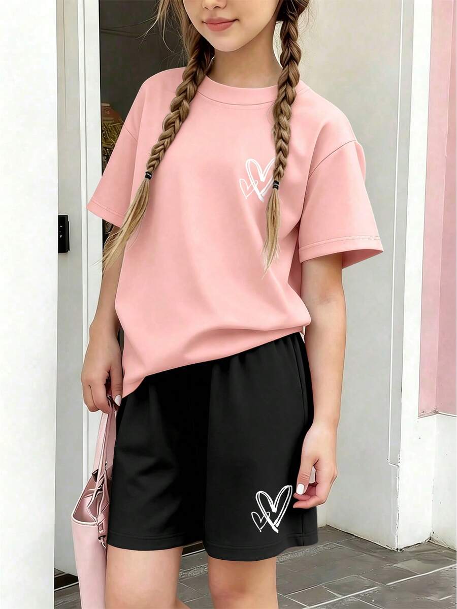 2件套少女爱心印花短袖T恤短裤套装,休闲宽松版型,适合度假和购物外出,夏季 - 粉色 - 查看 1