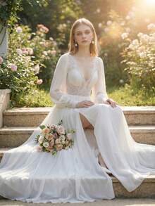 YOUKEFEIER 女款V領蕾絲拼接優雅開衩白色婚紗，適合婚禮、宴會、派對，波希米亞風 - 米色 - 查看 5